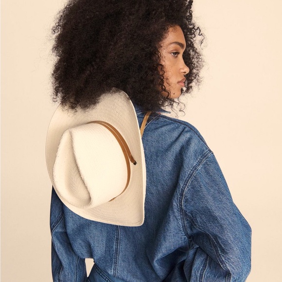 NWT Rag & Bone Black Ohara Straw Cowboy Hat Red Leather Hatband & Strap SM $250 - Picture 2 of 6